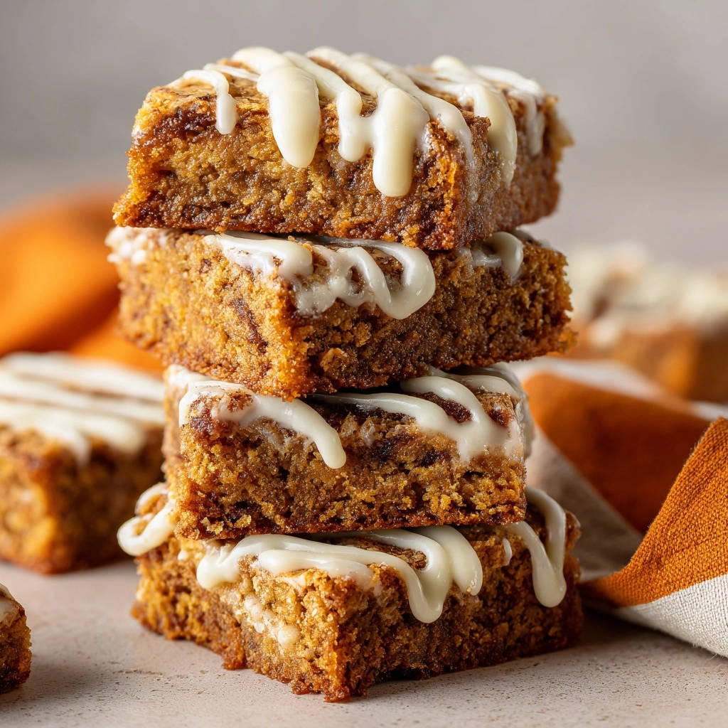 Spiced Pumpkin Swirl Bars stacked high and drizzled with a creamy white glaze, showcasing their chewy texture.