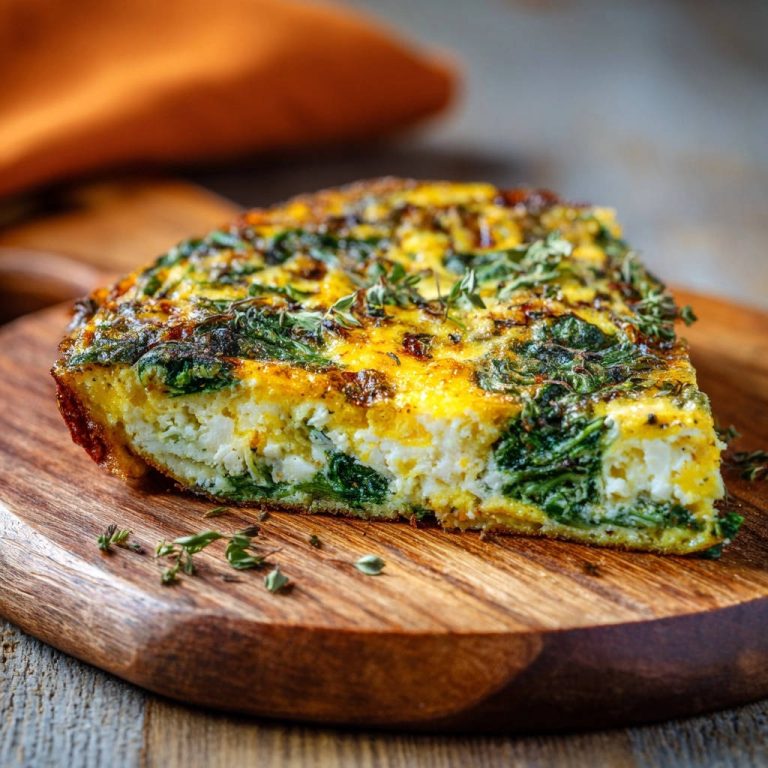 Easy spinach & creamy cheese frittata shown in a close-up cross-section revealing its fluffy, never dense texture.