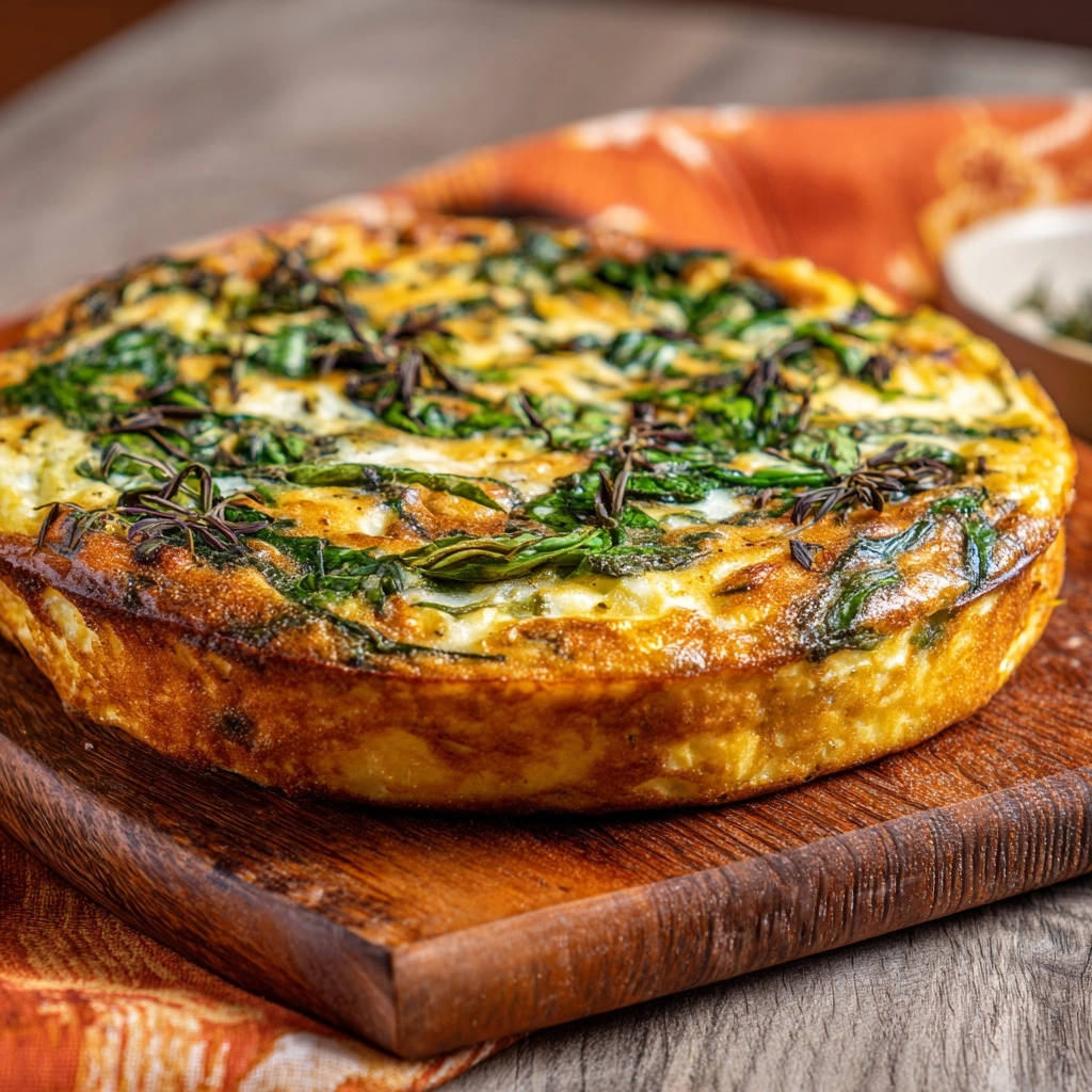 Easy spinach & creamy cheese frittata with a golden-brown crust shown from a side-view on a wooden board.