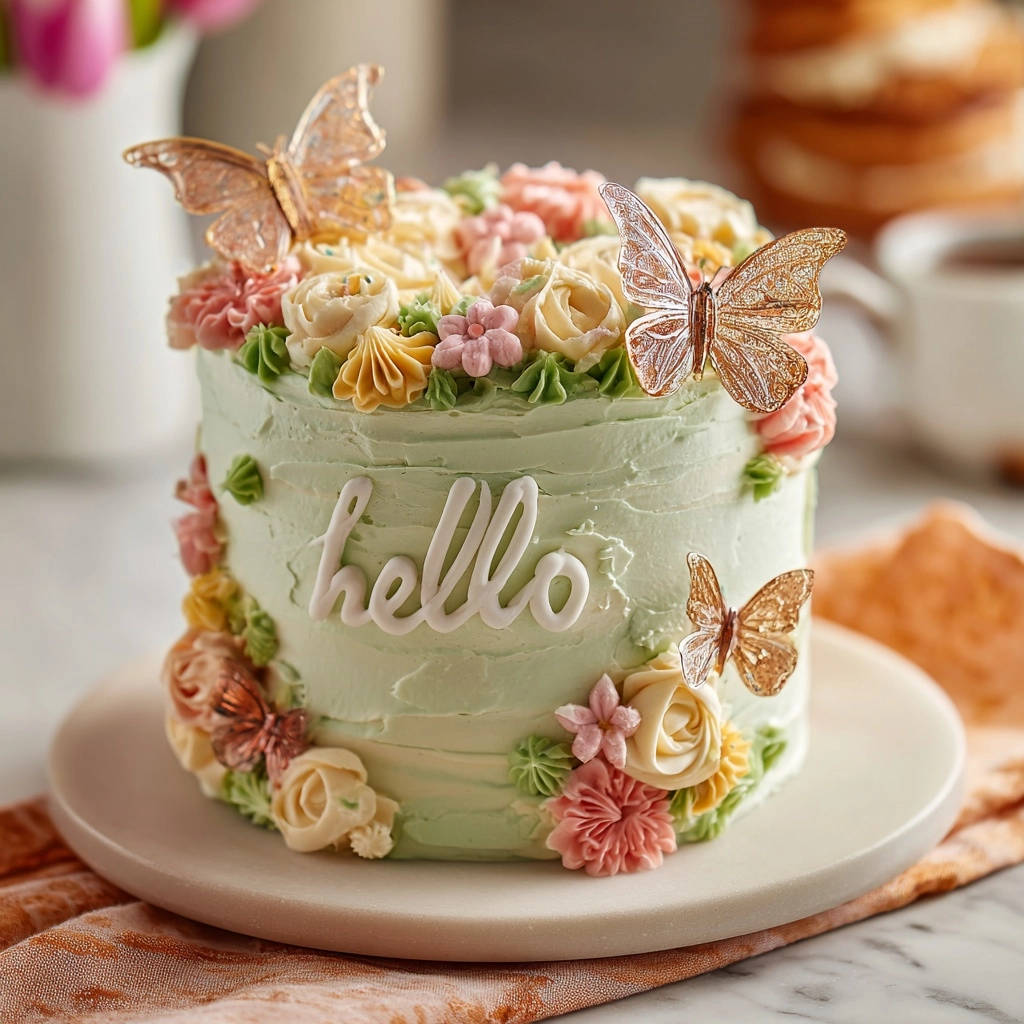Spring Blossom Buttercream Cake with "hello" piped in white frosting and adorned with delicate butterflies.