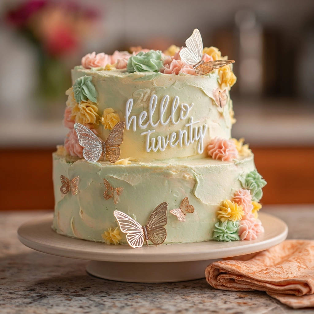 Spring Blossom Buttercream Cake, a two-tier cake decorated with buttercream flowers and delicate butterflies.