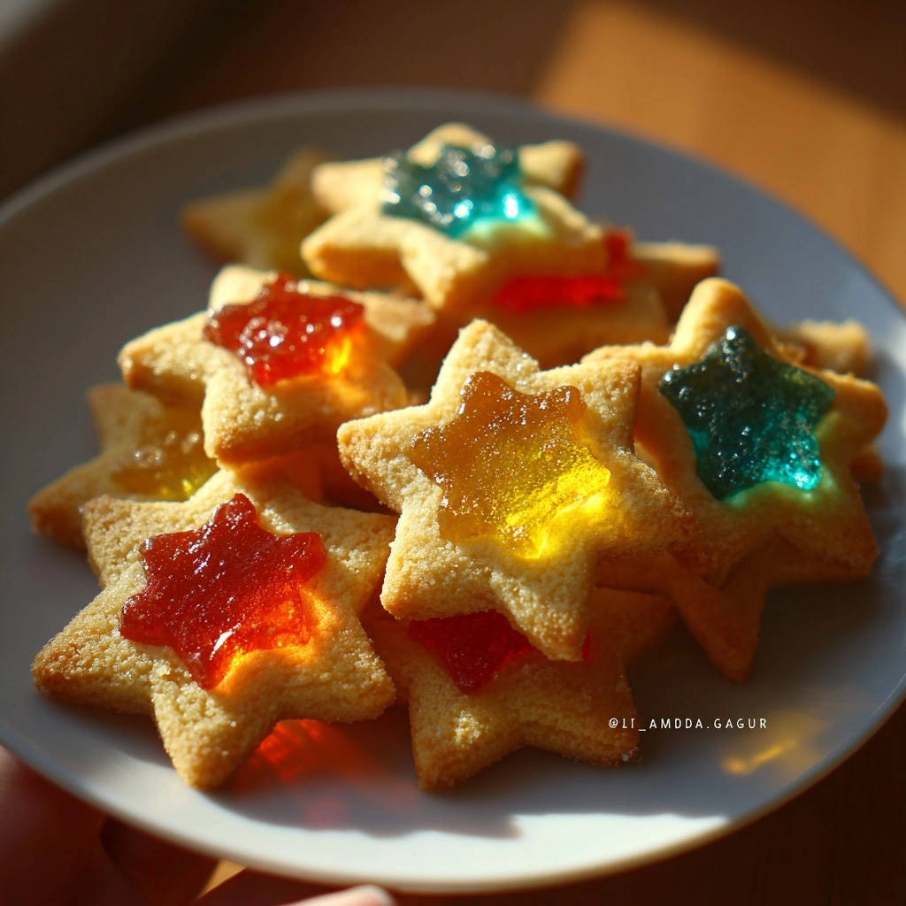 Stained glass star cookies with colorful jelly centers, shown in a close-up detail highlighting their translucent filling.