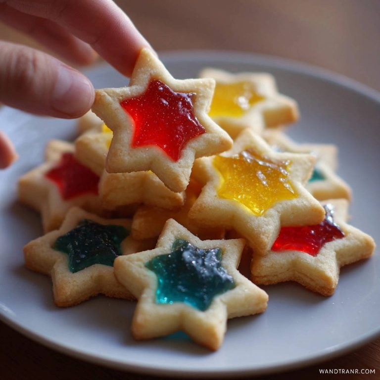 Stained glass star cookies with a hand picking up one red-filled cookie from a plate.