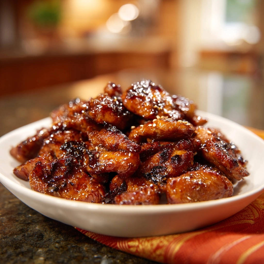 Sticky glazed chicken bites piled high in a white bowl, showcasing their glossy coating and sesame seed garnish.
