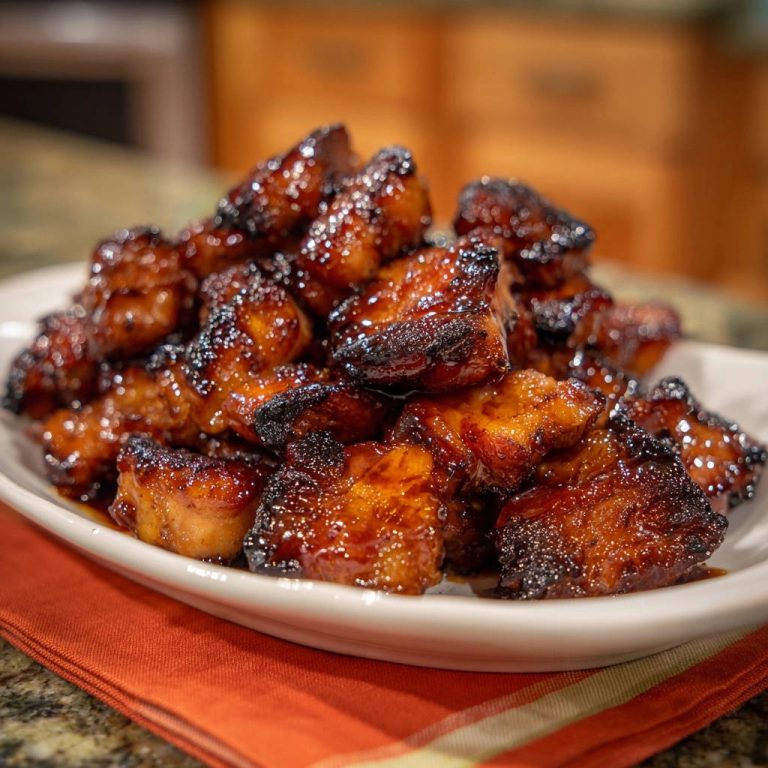 Sticky glazed chicken bites piled high on a white plate, showcasing their glossy, caramelized coating.