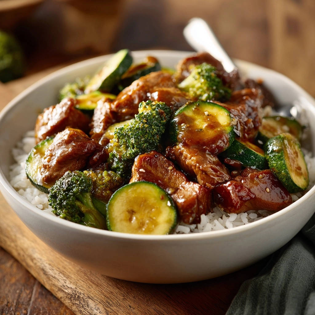Sticky glazed chicken and veg stir-fry served in a white bowl with a close-up view of the tender meat and fresh vegetables.