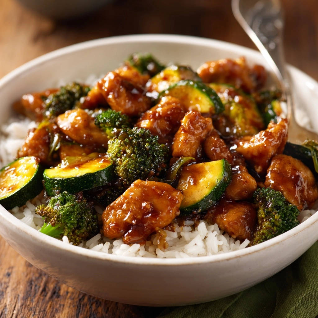 Sticky glazed chicken & veg stir-fry served in a white bowl over white rice, a close-up view.