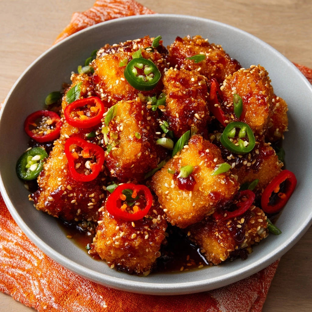 Sticky sesame crispy bites with a glossy glaze and fresh chili and sesame seed garnish.