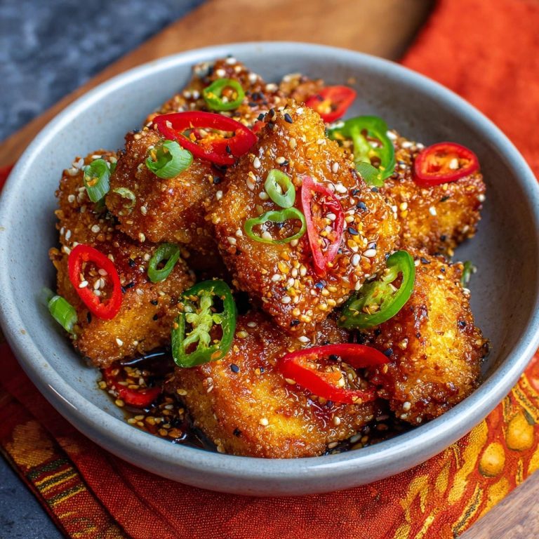 Sticky sesame crispy bites in a bowl, generously garnished with fresh chili, scallions, and sesame seeds.
