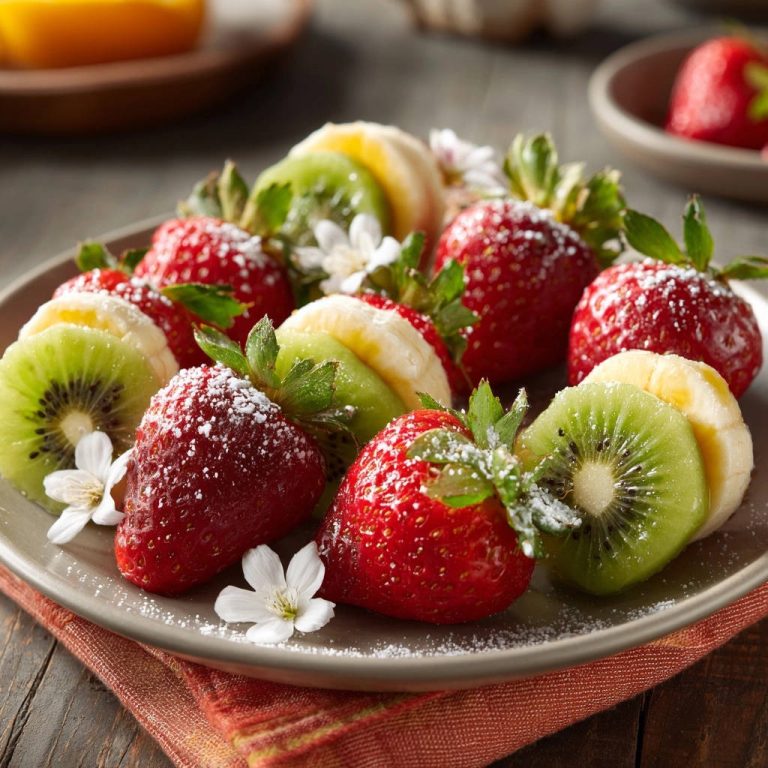 Sweet Strawberry and Kiwi Bites elegantly plated and garnished with powdered sugar and white flowers.