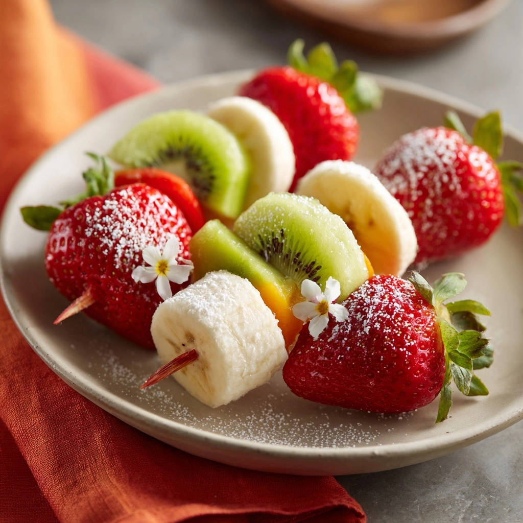 Sweet Strawberry and Kiwi Bites sprinkled with a dusting of powdered sugar on a plate.