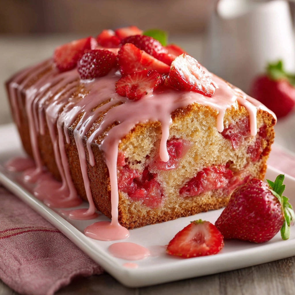 Strawberry loaf cake cross-section showing the interior with strawberries and pink glaze drizzled over the top.