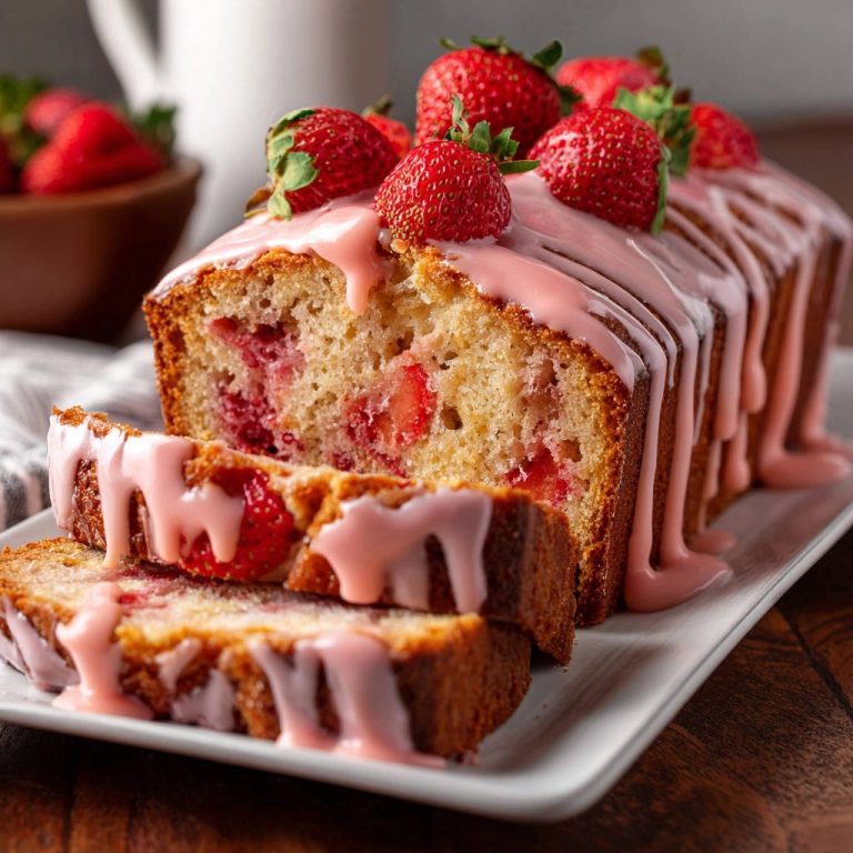 Strawberry loaf cake sliced and drizzled with pink glaze, showcasing fresh strawberries throughout.