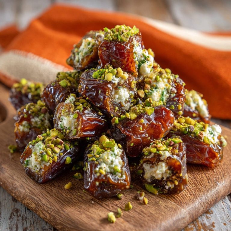 Sweet & Savory Stuffed Dates with a generous pistachio garnish shown in a detailed close-up view.