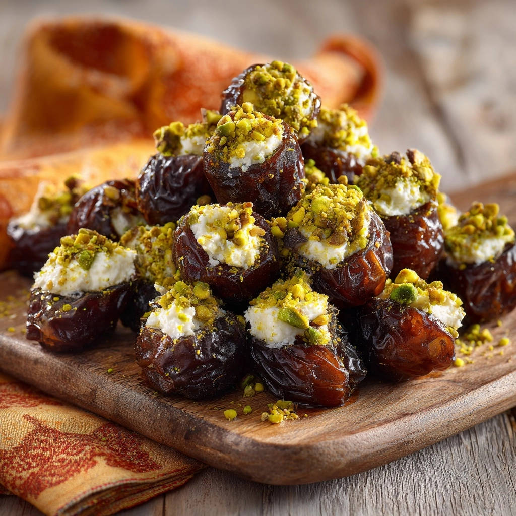 Sweet & Savory Stuffed Dates featuring a generous topping of chopped pistachios for a delightful crunch.