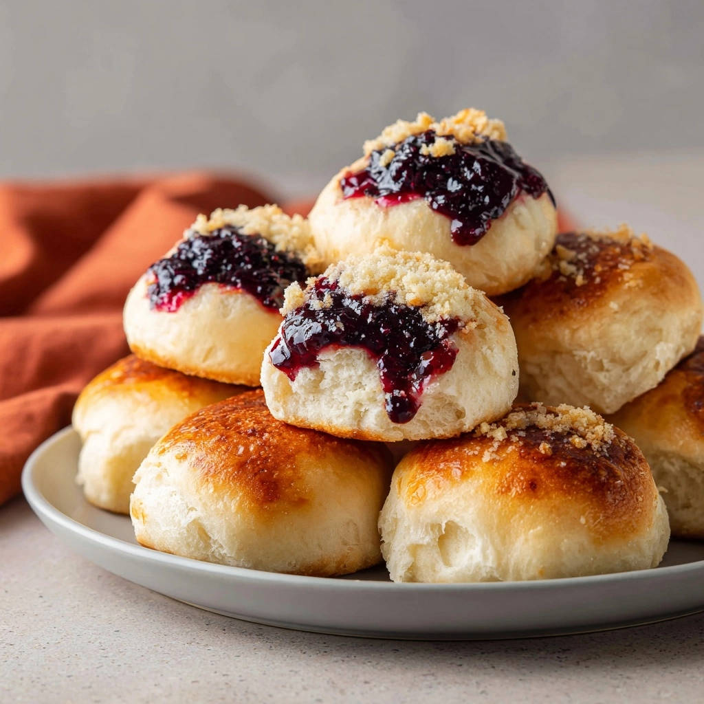 Sweet crumb topped buns shown in a close-up cross-section revealing a fluffy interior with jam.