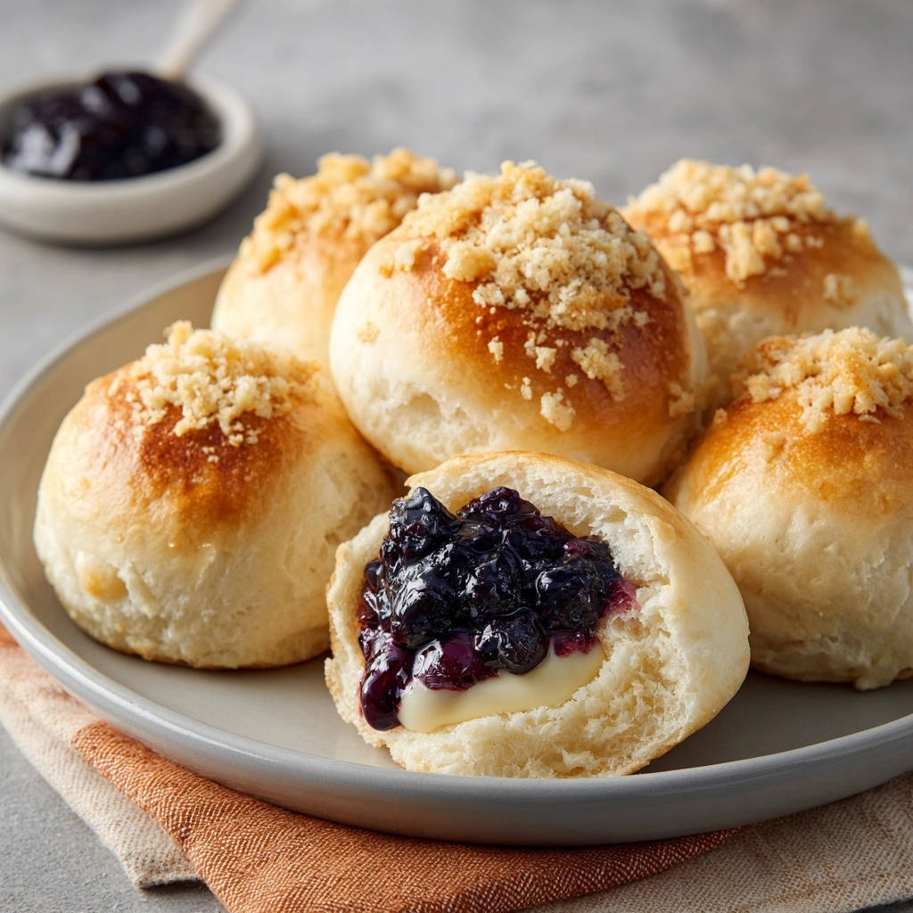 Sweet crumb topped buns cross-section showing fluffy interior filled with jam and butter.