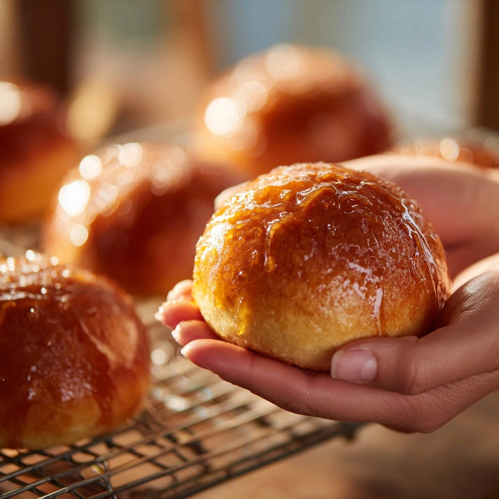Sweet glazed buns, with one bun held in two hands showing a detailed close-up of the shiny glaze.