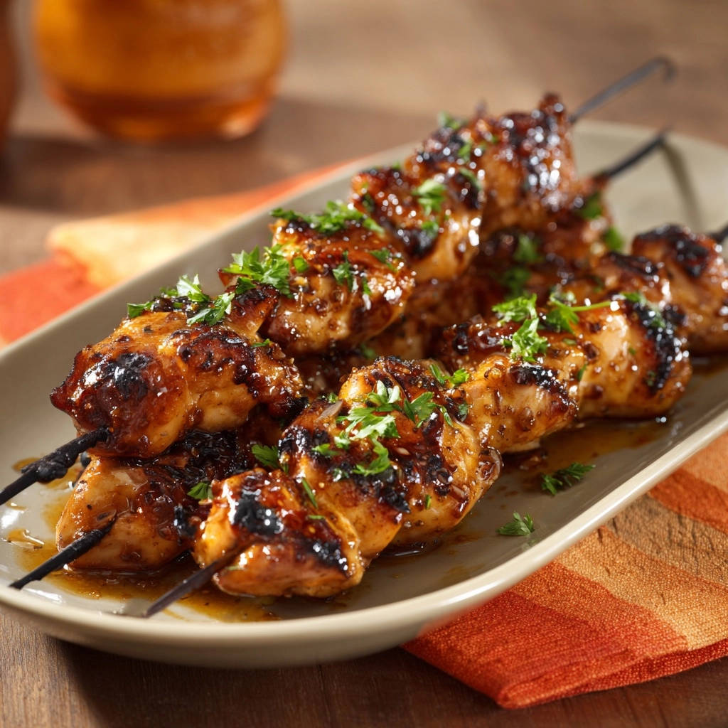 Sweet & Sticky Chicken Skewers glazed and garnished with parsley, shown in a close-up view on a platter.