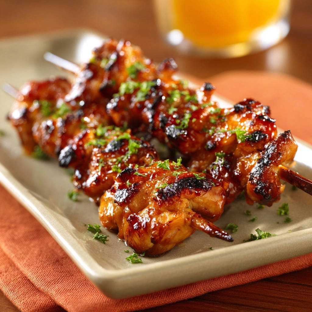 Sweet & Sticky Chicken Skewers, a close-up view highlighting the glistening glaze and fresh parsley garnish.