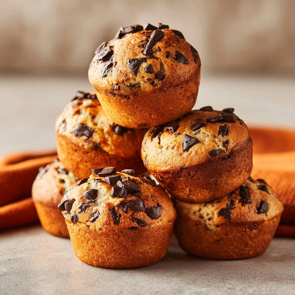 Ultimate chocolate chip muffins stacked in a pyramid, showcasing their fluffy domes and generous chocolate chips.