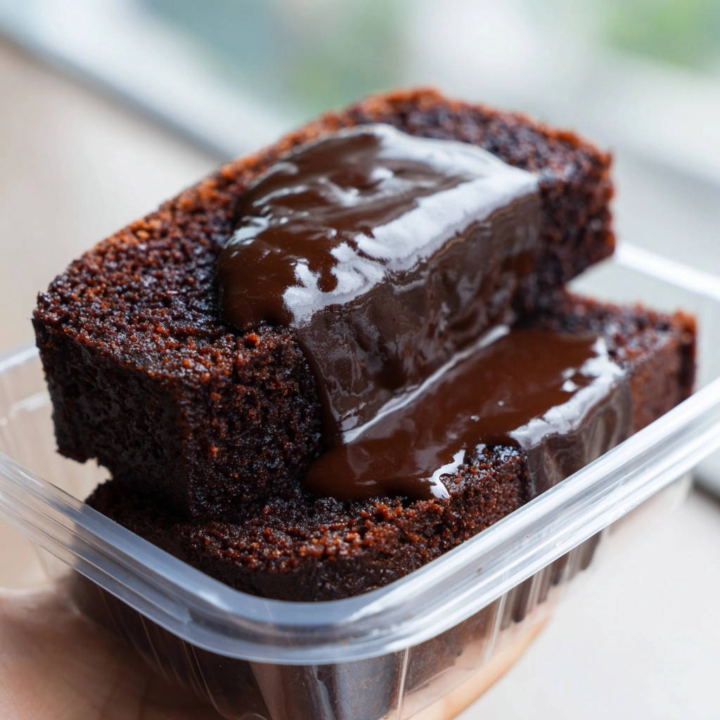 Ultimate moist chocolate cake with a rich chocolate glaze drizzled over two slices in a clear container.