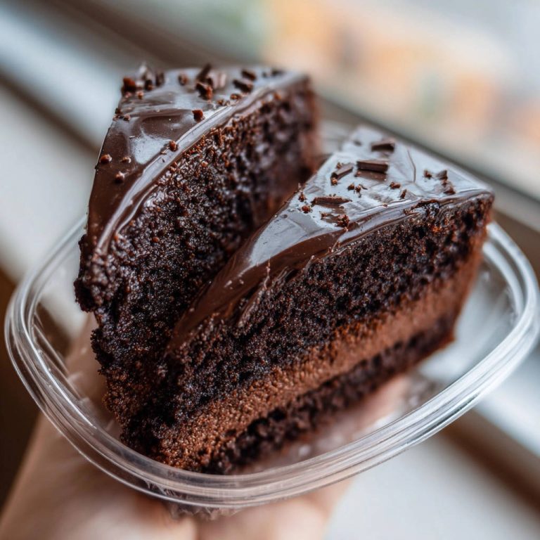 Ultimate moist chocolate cake shown as two decadent slices in a clear container, highlighting rich layers and glossy frosting.