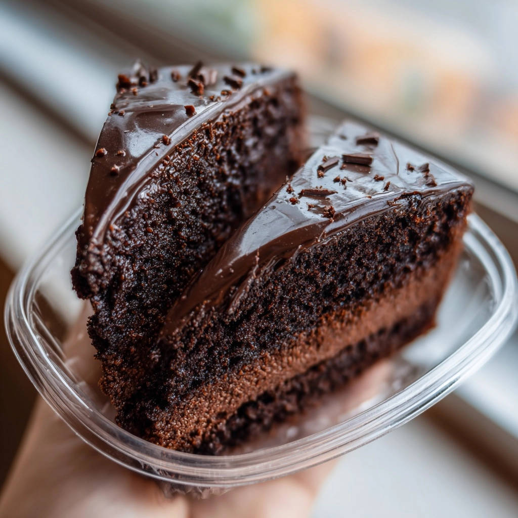 Ultimate moist chocolate cake shown as two decadent slices in a clear container, highlighting rich layers and glossy frosting.