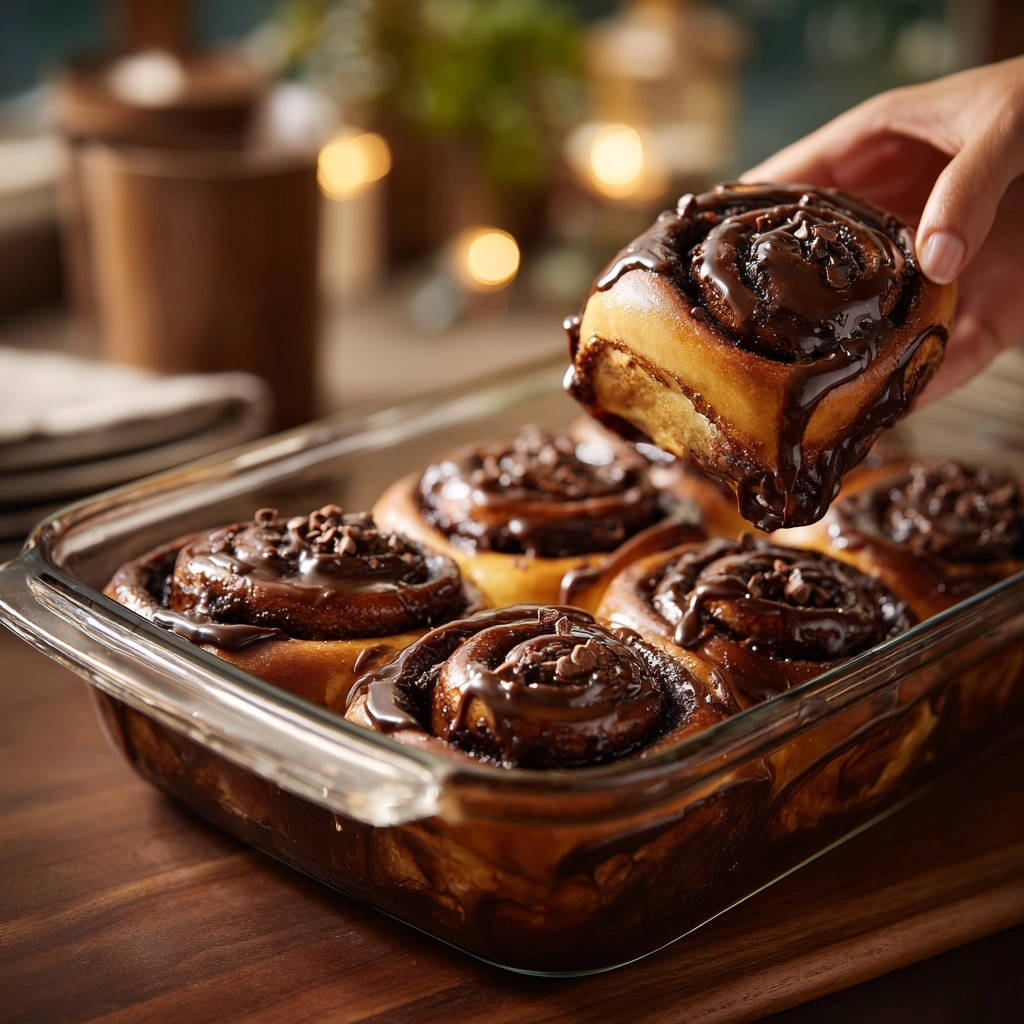Ultra-gooey chocolate cinnamon rolls with a thick, decadent chocolate glaze being lifted from the pan.