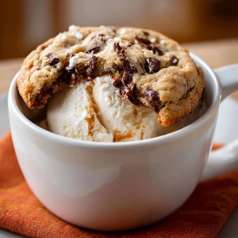 Warm chocolate chip cookie sundae served in a white mug with melting ice cream and caramel drizzle, close-up.