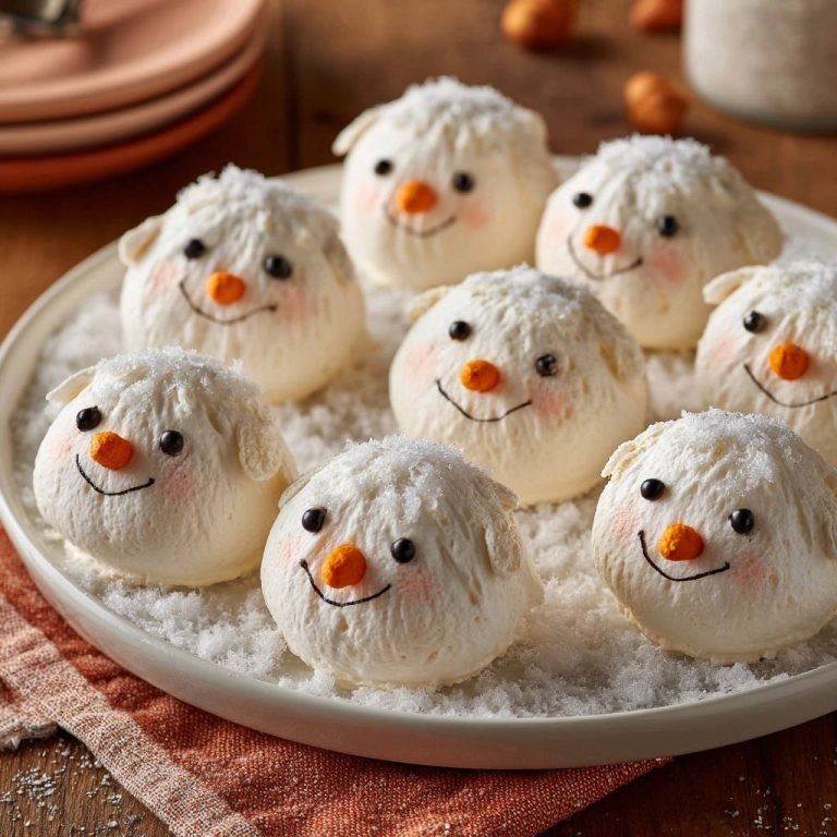 Whimsical snowman meringues arranged playfully on a white plate with faux snow, showcasing their cute faces and fluffy texture.