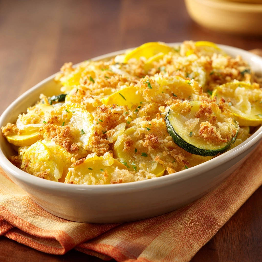 Classic yellow squash casserole with a golden breadcrumb topping, showcasing the texture of the baked dish.