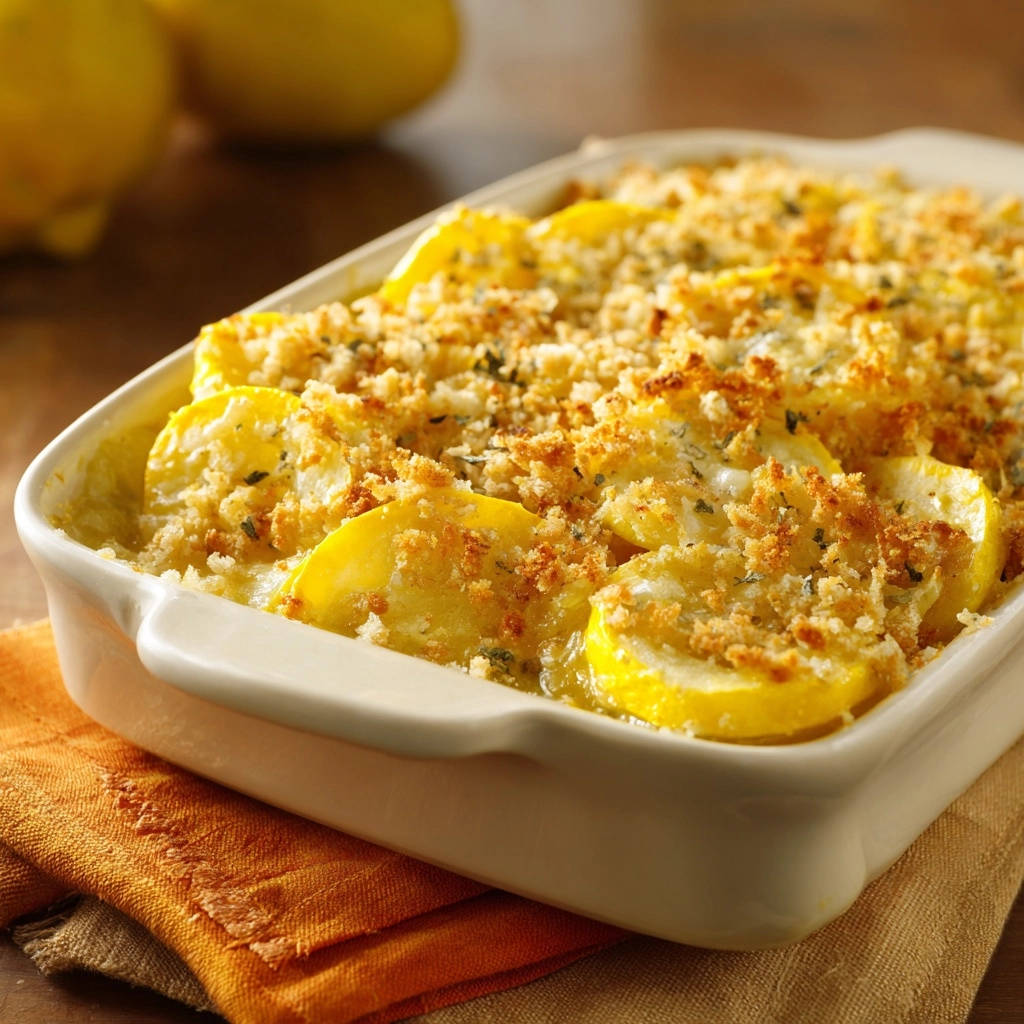 Classic yellow squash casserole shown in a white baking dish with a golden breadcrumb topping.