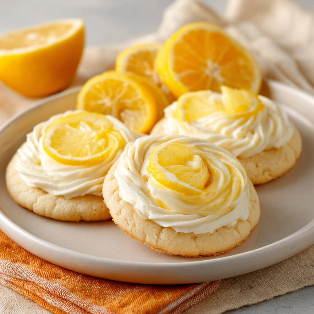 Zesty lemon sugar cookies frosted with creamy icing and garnished with fresh lemon slices on a white plate