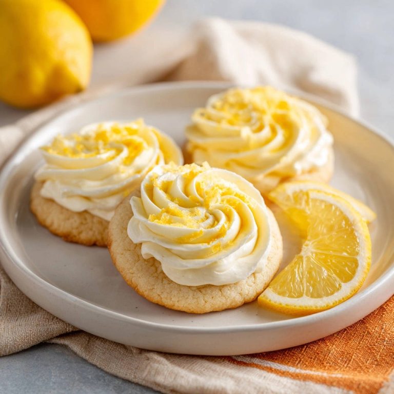 Zesty lemon sugar cookies plated with creamy frosting and lemon zest garnish, served with lemon slices.