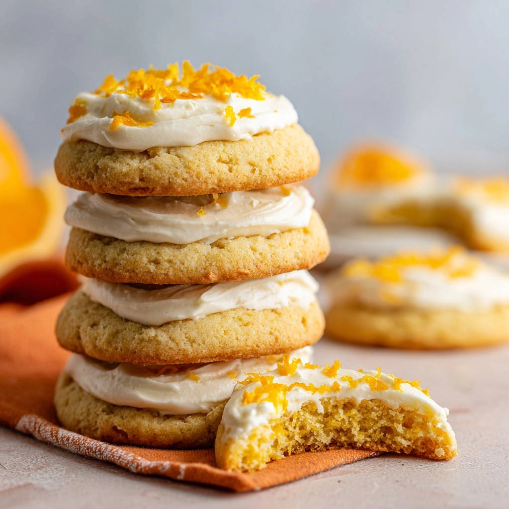 Zesty orange cream cookies stacked high, with one cookie showing a bite taken out, revealing soft interior.