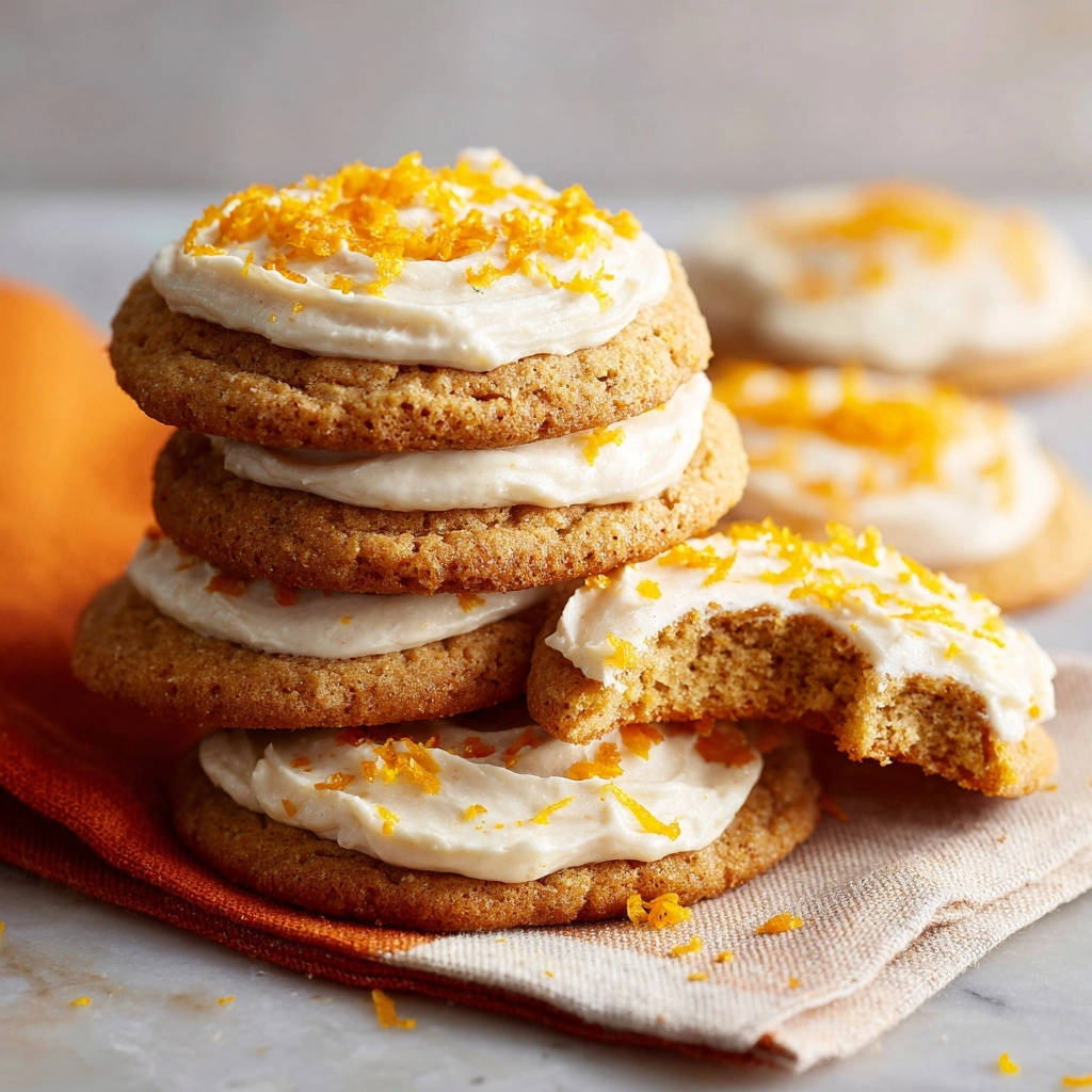 Zesty orange cream cookies stacked high with a bite taken out of the top cookie, showing the soft interior.