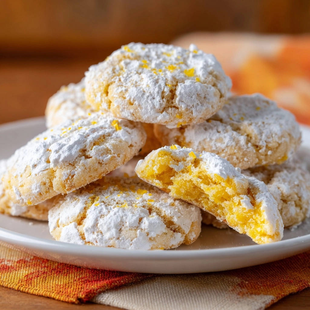Zesty orange crinkle cookies, close-up view revealing the soft, tender interior and powdered sugar coating.