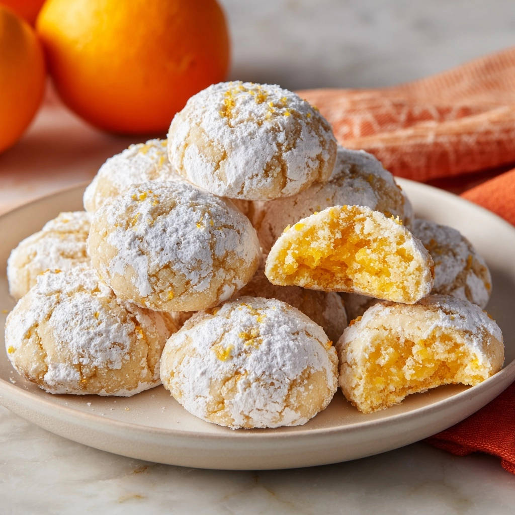 Zesty orange crinkle cookies, with a close-up view revealing the soft, tender interior of one cookie cut in half.
