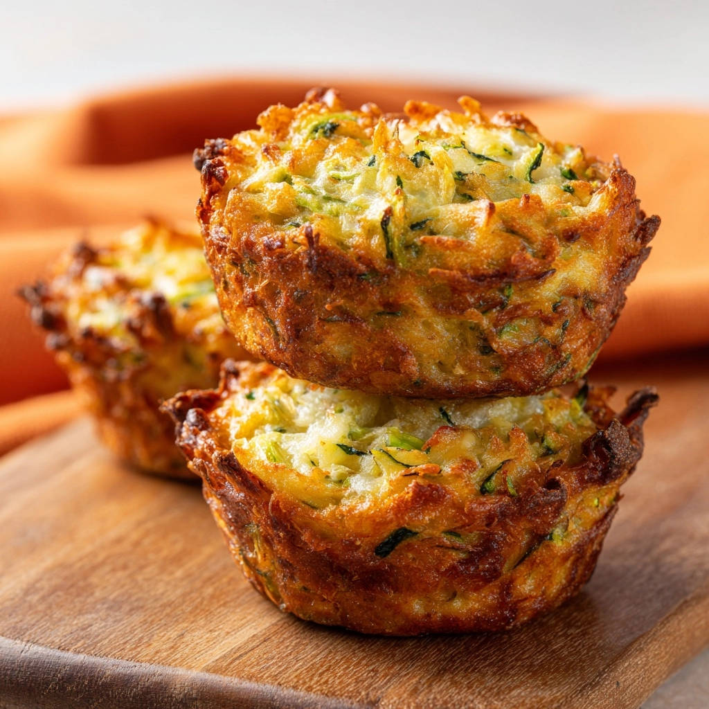 Zucchini fritter bites stacked and close-up on a wooden board, showcasing a golden-brown exterior.
