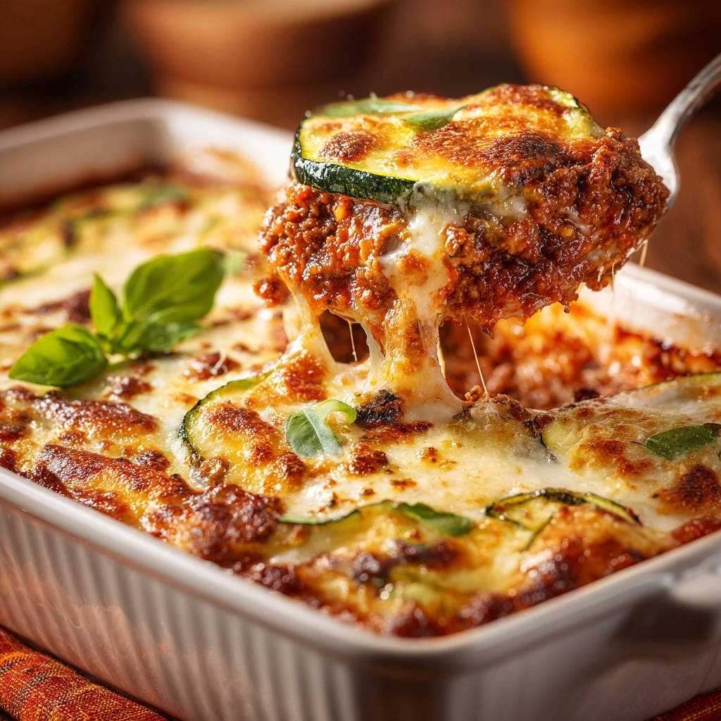 Zucchini lasagna bake with a cheesy slice being lifted, showing the layers of meat and zucchini.
