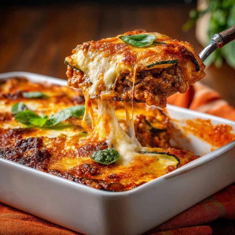 Zucchini lasagna bake, a cheesy slice is lifted from the baking dish revealing its layers and gooey cheese.