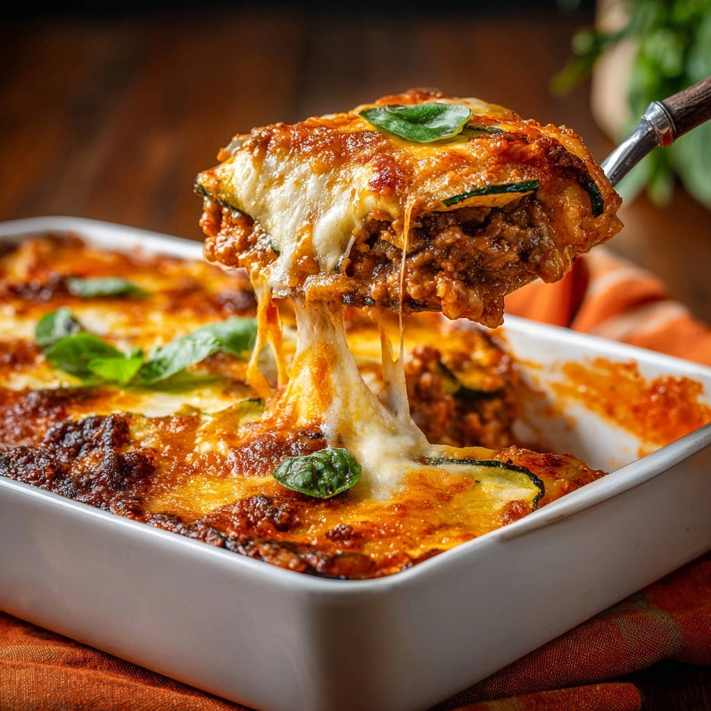Zucchini lasagna bake, a cheesy slice is lifted from the baking dish revealing its layers and gooey cheese.
