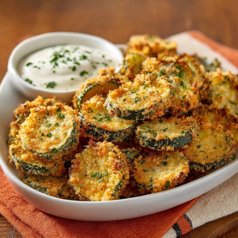 Easy Crispy Baked Zucchini Bites served in a white bowl with a side of dipping sauce, showing their golden-brown coating.