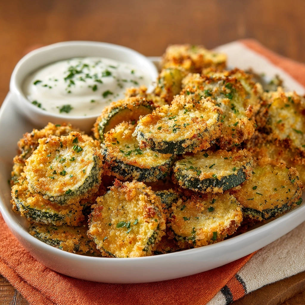 Easy Crispy Baked Zucchini Bites served in a white bowl with a side of dipping sauce, showing their golden-brown coating.