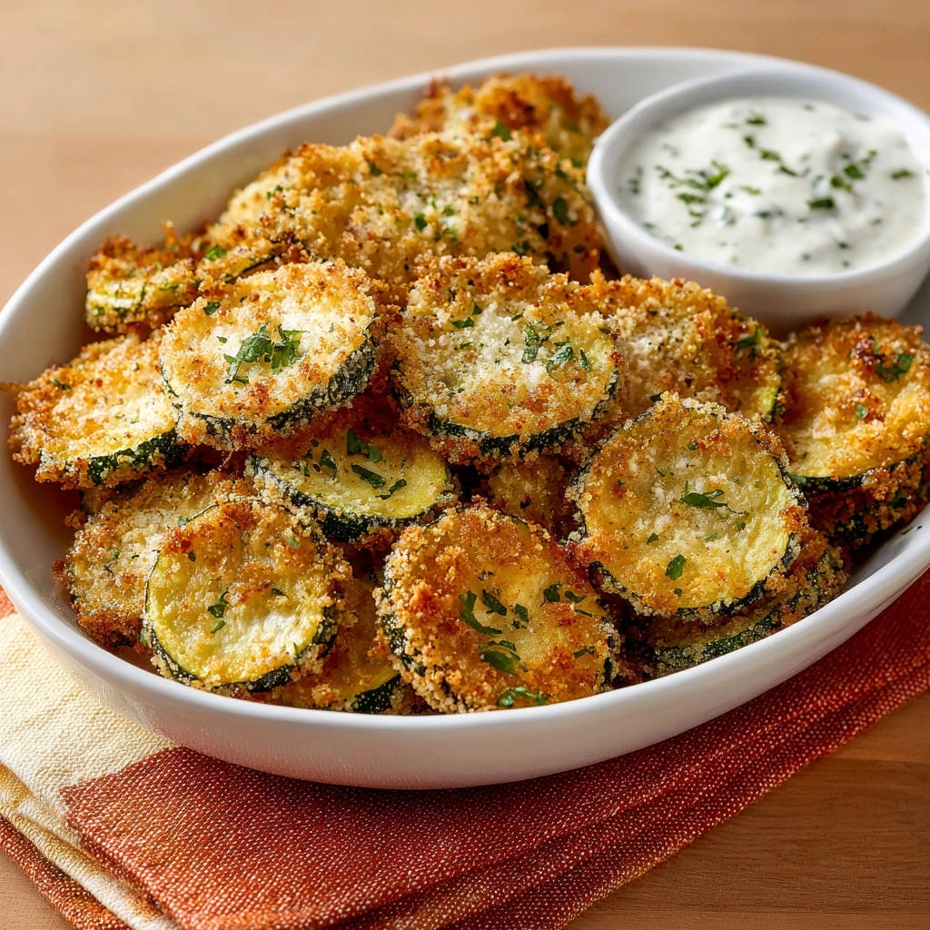 Easy Crispy Baked Zucchini Bites served in a white bowl with a side of dipping sauce.