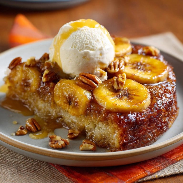 Sticky sweet banana pecan upside-down cake served as a plated slice topped with vanilla ice cream and drizzled with caramel.