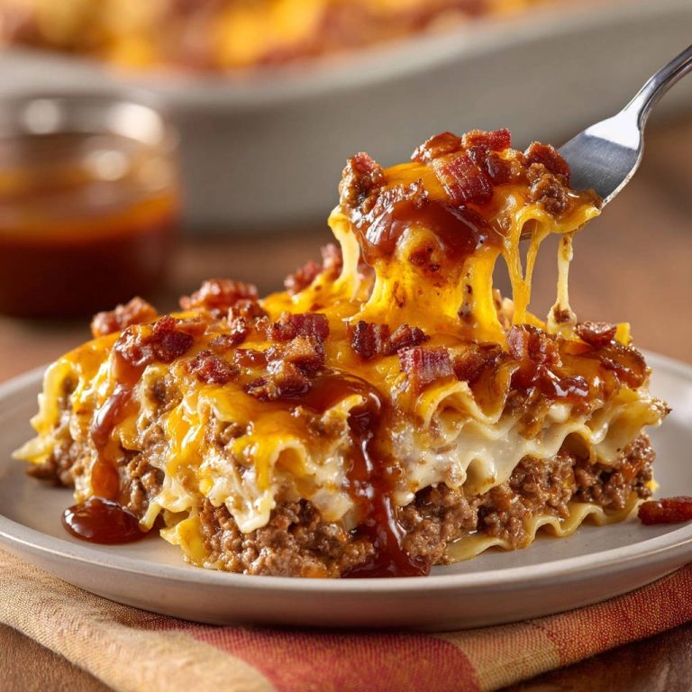 BBQ Bacon Cheeseburger Lasagna, a fork lifting a cheesy, saucy slice revealing its layers.