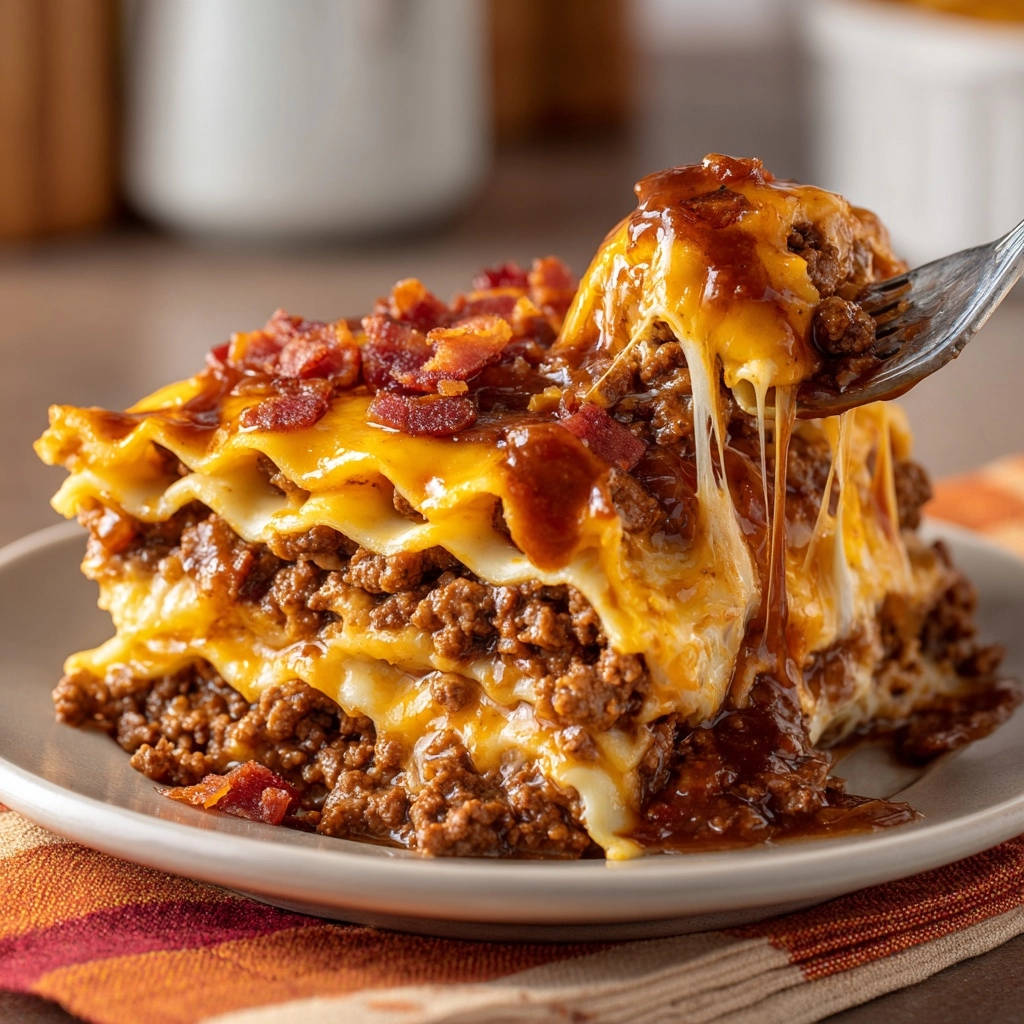 BBQ Bacon Cheeseburger Lasagna with a fork pulling a cheesy, saucy slice, showing layers of meat and pasta.