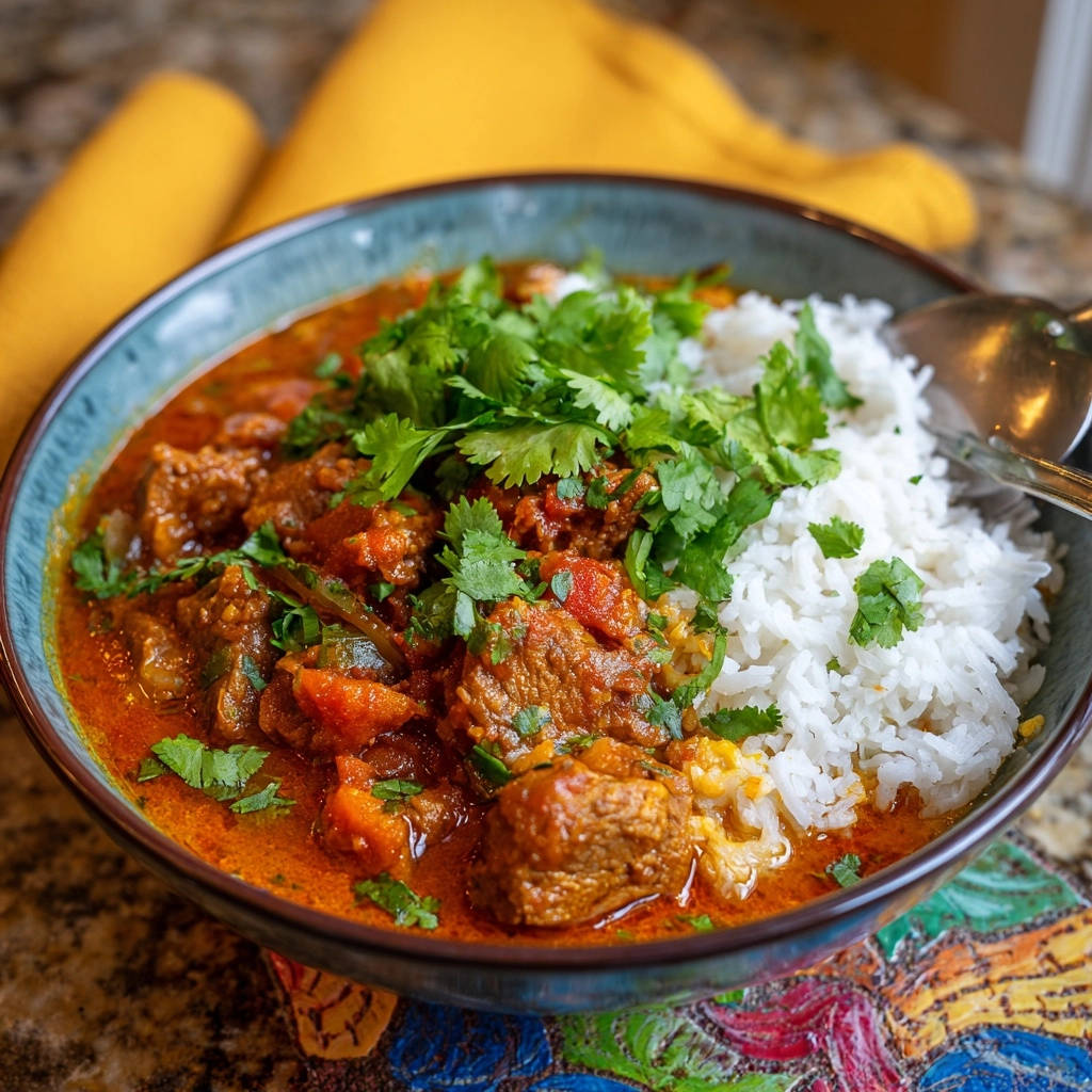 Hearty beef and tomato stew served with rice and garnished with fresh cilantro in a bowl.